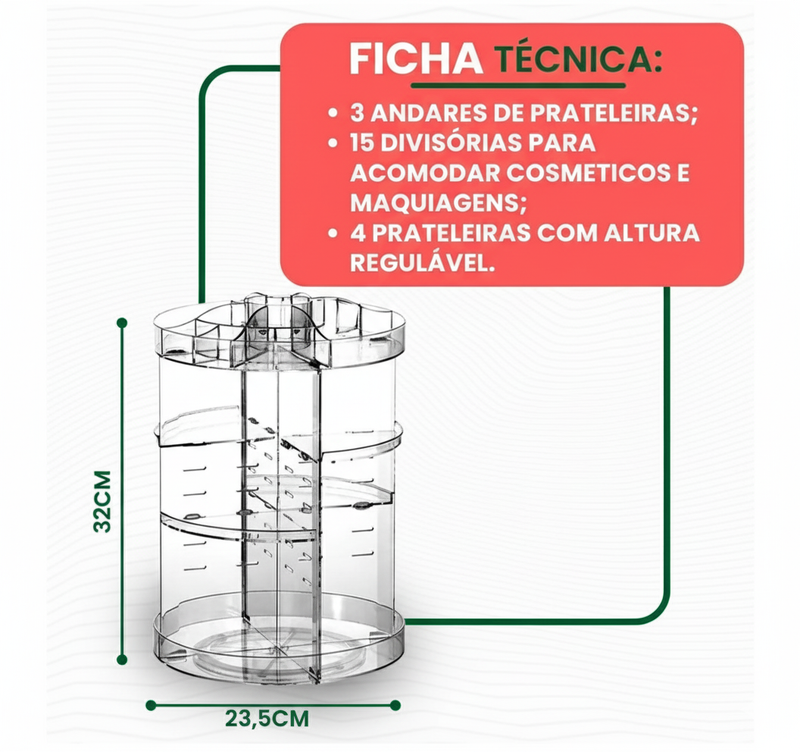 Organizador Giratório de Maquiagem e Cosméticos em Acrílico Transparente – Beleza, Organização e Sofisticação no Seu Espaço