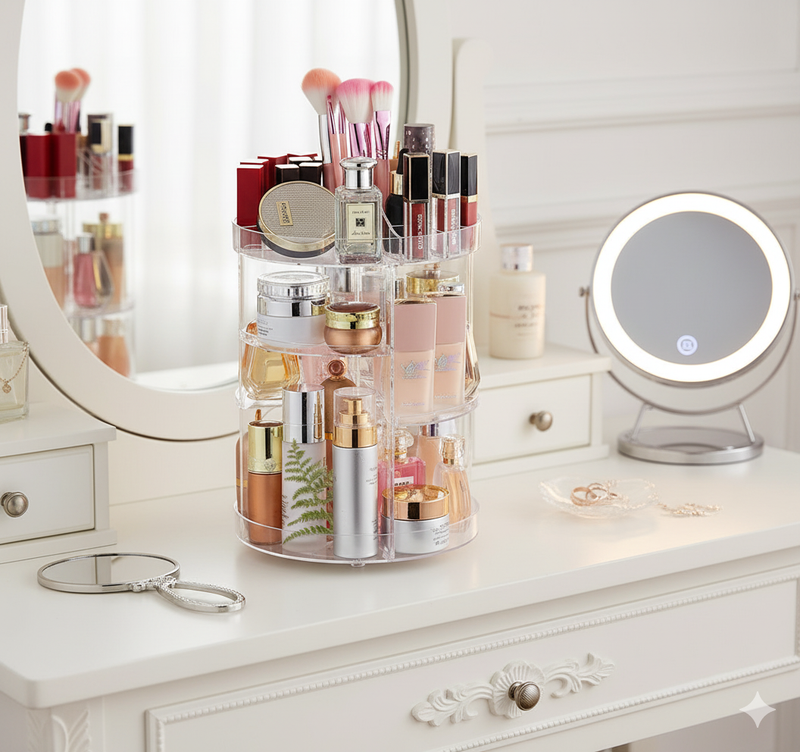 Organizador Giratório de Maquiagem e Cosméticos em Acrílico Transparente – Beleza, Organização e Sofisticação no Seu Espaço