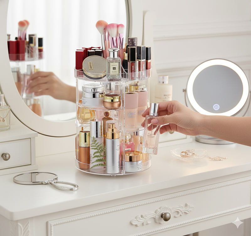 Organizador Giratório de Maquiagem e Cosméticos em Acrílico Transparente – Beleza, Organização e Sofisticação no Seu Espaço